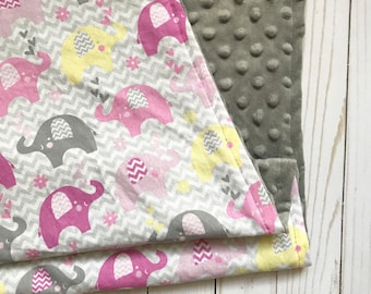 Elephant Baby Girl Blanket, Personalized Baby Blanket, Toddler Blanket, Baby Shower Gift, Pink Minky Blanket, Stroller Blanket, Baby Bedding