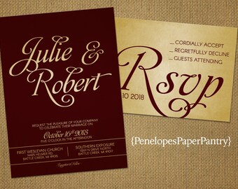 Elegant Burgundy and Gold Wedding Invitation,Burgundy,Gold,Calligraphy,Shimmery,Sophisticated,Traditional,Printed Invitation,Wedding Set