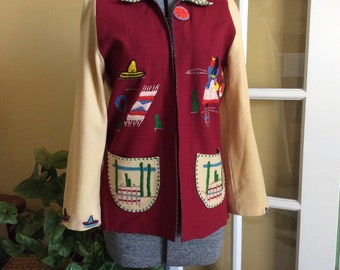 Lopez Wool Mexican Tourist Jacket 1950 Hecho in Mexico Village Scene