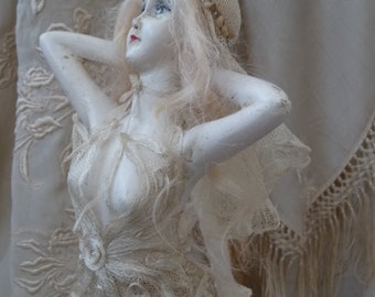 Antique French boudoir doll chalkware Paris wedding wax 1920