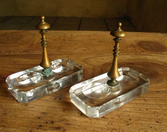 Pair of French Cut Glass Salt and Pepper cellars with brass handle, 1880/90s