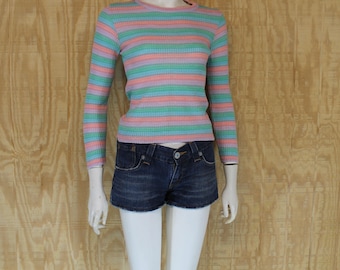 Vintage 1970's Space Dyed Pastel Stripe Ribbed Knit Jumper Sweater Small Medium S / M