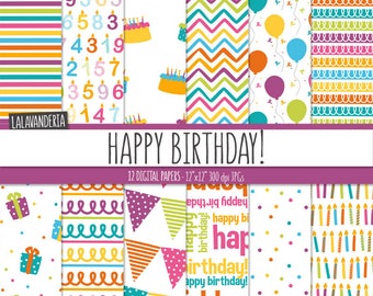 Birthday Digital Paper Package. Multicolor Kids Birthday Party Patterns. Colorful Backgrounds. Children Digital Scrapbook Set