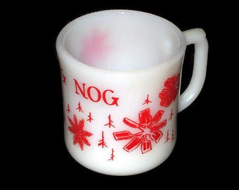 Vintage Fire king Egg Nog White Milk Glass Christmas Mug Cup Red Holiday Glass Made USA Oven Proof Snowflake Snowflakes