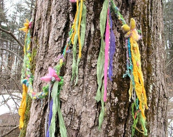 scarf fantasy luxury fiber art yarn braid lariat extra long garland scarf - flowers and streamers watercolor garland