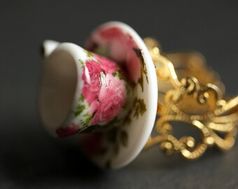 Bright Pink Roses Tea Cup Ring. Porcelain Teacup Ring. Miniature Teacup Ring. Pink Ring. Gold Filigree Adjustable Ring. Handmade Jewelry.