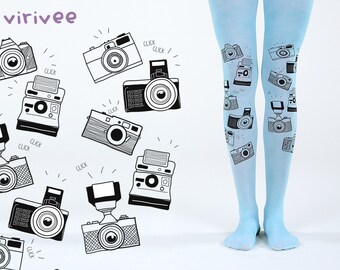 Camera tights, blue printed tights, pantyhose for photography lovers