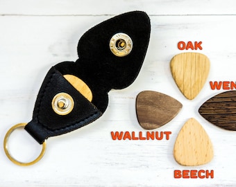 Custom Wood Guitar Pick with Leather Pick Holder Engraved Wooden Plectrum Personalized Fathers Day Gift for Musician for Him for Husband