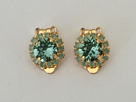 Indian Sapphire and Pacific Opal Swarovski Crystal Clip On Earrings, Yellow Gold