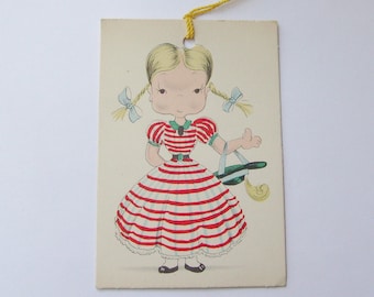 Vintage unused Gibson bridge tally card school girl in red striped dress ephemera scorecard