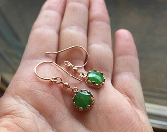 Delicate Rose Gold Vermeil Earrings: Swarovski Glass Pearls & Green Vintage 1920's Nailhead Beads in Crown Settings Free Shipping to USA