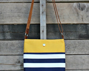 Crossbody Bag, Mustard, Navy and White Stripe, Genuine Leather, Everyday Purse, Adjustable Strap