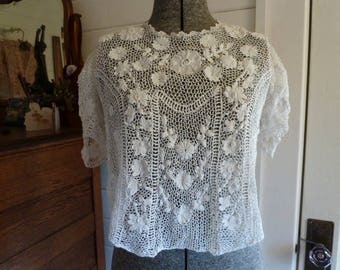 Antique Victorian Edwardian Floral Irish Lace Blouse Top
