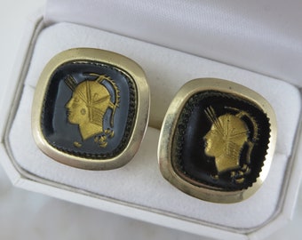 Vintage Intaglio Cuff Links - Roman Warriors Cufflinks, Black Lucite and Gold Tone Metal