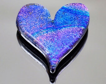 Dichroic Mosaic Heart Tile, Blue Rainbow Heart Tile, Fused Tile, Glass Heart, Dichroic Cabochon, Large Cabochon