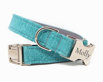 Herringbone Dog Collar, Engraved Herringbone Dog Collar, Personalized Dog Collar-Teal Herringbone