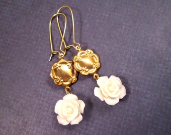 Flower Earrings, Cream White Rose, Gold Dangle Earrings, FREE Shipping U.S.