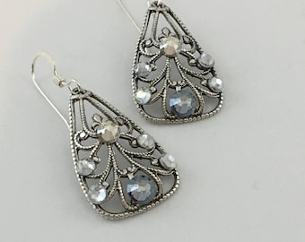 Filigree Earrings with Blue Swarovski Crystals by Victorian Folly
