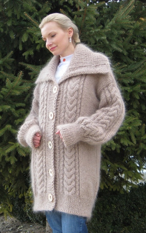 Made to order hand knitted mohair cardigan beige sweater coat