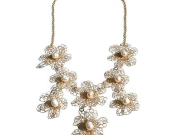 pearl necklace, gold necklace, bib necklace, bridal necklace, flower necklace, wire crochet necklace, chunky necklace