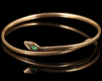 Antique Art Deco Gold Snake Necklace Green Glass Circa 1930