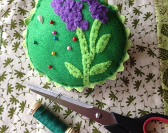 Pincushion Larkspur Flower Applique on Green Felt