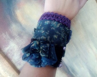 Steampunk wrist cuff bracelet Statement cuff Blue cuff Fabric bracelet Fabric jewelry Boho cuff bracelet Boho wrist cuff Cloth bracelet