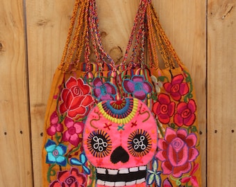Sugar Skull Handwoven Tote Handbag-Day of the dead-Floral-Mothers day Gift-Telar-Cotton-Boho-Folk Art-Telar de Cintura-Woven by Hand- Ethnic