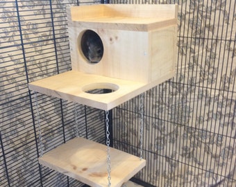 Large Kiln Dried Pine Chinchilla Wood House with Poop Guard, Balcony, Swing + Mounting Hardware