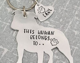 Staffy - Staffordshire Bull Terrier - This Human Belongs To.. Personalised Dog Keyring - Dog Lover - Dog Mum - Gift