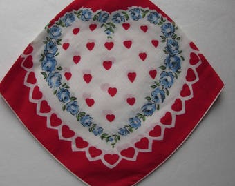 Valentine Handkerchief Vintage Hankie Red Hearts Blue Flower Heart Valentine Day Gift Ladies Accessories Free Shipping