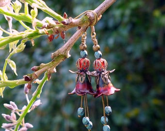 Lucite Earrings, Flower Earrings, Copper Laurel, Victorian Earrings, Boho Earrings, Drop Earrings, Red Flower Earrings, Mother's Day Gift