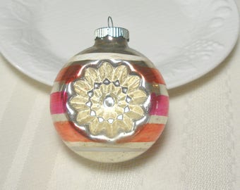 Vintage Shiny Brite Double Indent Ornament - Blown Glass Christmas Ornament Magenta Pink Orange Stripe Larger Size 3" Pretty