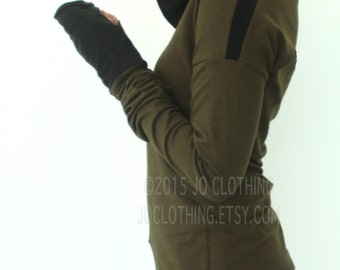 extra long sleeved hooded top/ dolman cut sleeves/ Dark Olive and Black