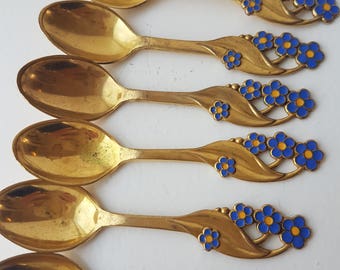 Vintage demitasse enamel flowers 6 spoons danish 50s
