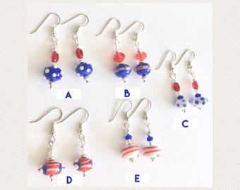 Red white and blue earrings - choice of one of a kind designs - July 4 earrings, American flag earrings, Independence Day earrings