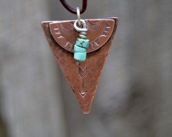 Large Arrow Turquoise Necklace Sterling . Copper. Leather Cord . Handmade .Hand Forged.