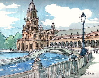 Seville Plaza de Espana Spain art print from an original watercolor painting
