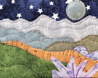 Hiking Postcard - Girlfriend Gift - Moon and Stars - Quilted Fabric Postcard - Landscape Art - Fiber Art - Mountain Decor - Romantic Night