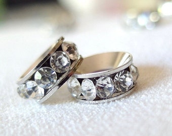 8pc - 10mm Clear Crystal Rhinestone Silver Spacer large hole Accent Bead, 10mm x 4mm thick, hole measures 4mm across