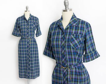 Vintage 1950s Dress - Swiss Dot Cotton Blue Green Plaid Shirtwaist Day Dress 50s - Large L