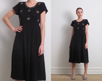 80s Black Embroidered Jersey Dress / S