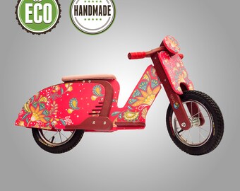 Wooden Balance Bike 12" Sofia, Wood Push Kid Happy Bikes, Toy Bicycle, Cool Gifts for Kids, Tricylcle, No Pedal Balance Cordination Runbike