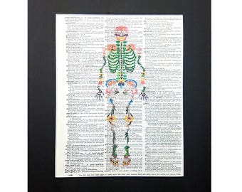 Happy Colorful Skeleton on Vintage Dictionary Page Art Print, Wall Decor, Digital Manipulation with Sparks of Glitter,
