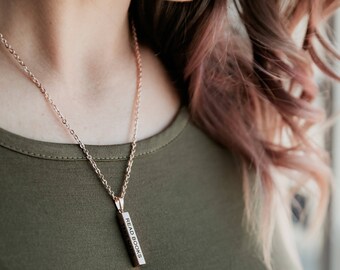 Books & Coffee Vertical Bar Pendant, Read Books, Drink Coffee, Take Naps, Be Happy, 4-sided Necklace, Silver, Gold or Rose Gold, Bookworms