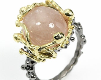 Natural 12 x 15mm Pink Sapphire gemstone, 14kt Yellow Gold, Black Rhodium Ring Size 8 1/2