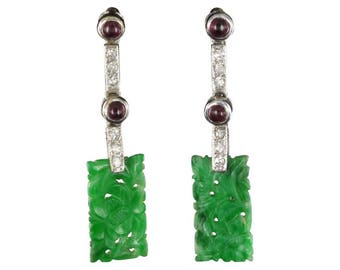 Pendants d'oreilles Jade Diamants & Rubis Or blanc 18K Moderne Art déco