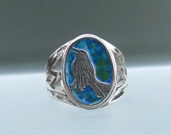 Singing blackbird ring in sterling silver and enamel