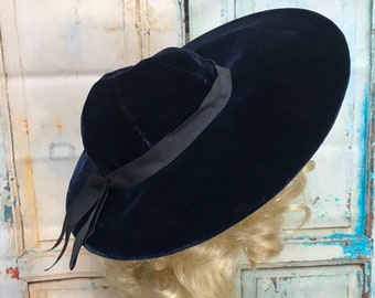50s Blue Velvet Platter Hat I Magnin Saucer