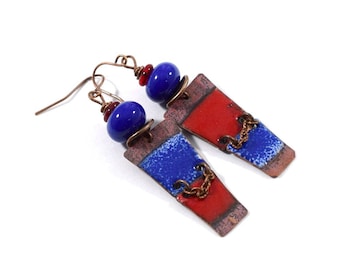 Handmade Red and Blue Earrings, Enameled Earrings, Red and Blue Earrings, Copper Earrings, Artisan Earrings, Boho Earrings, OOAK, AE182